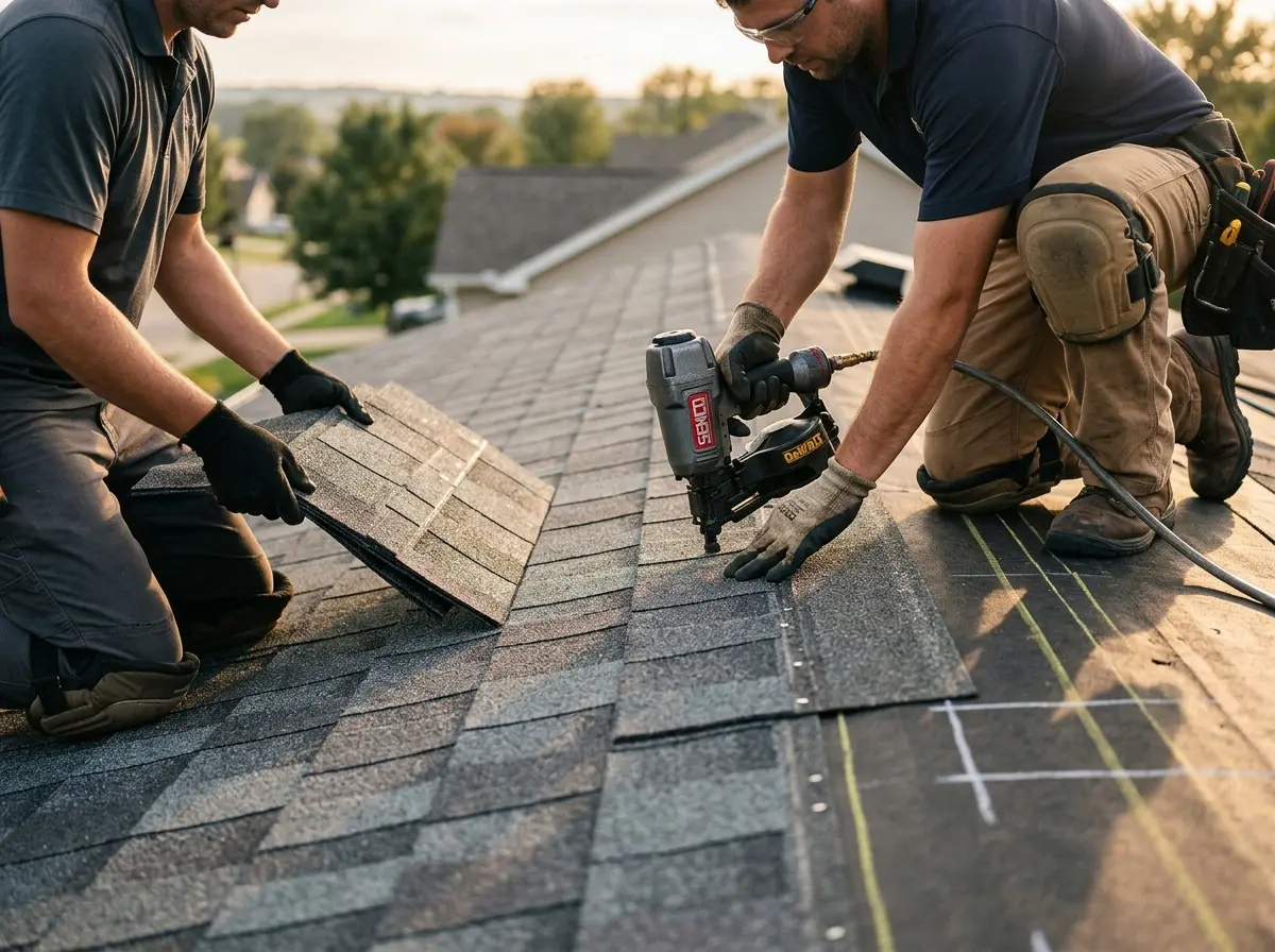 Professional roofer working on a residential roof in Grain Valley